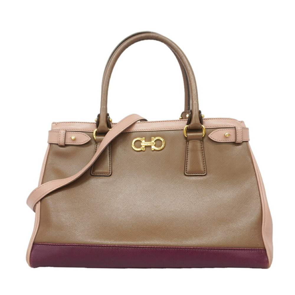 Salvatore Ferragamo Gancini Leather Handbag, Brown/Pink Beige, 2-way Bag for ...